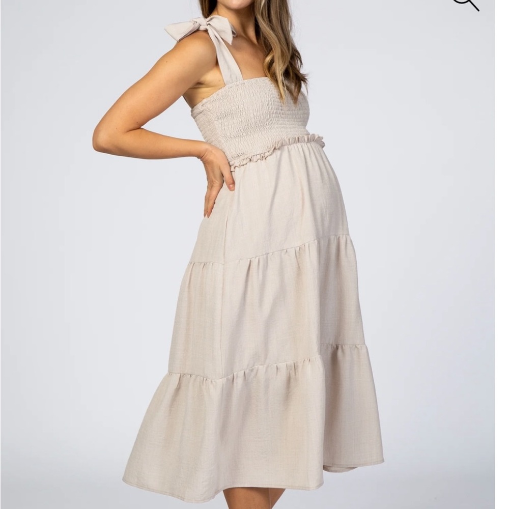Beige Bow Strap Tiered Maternity Midi Dress